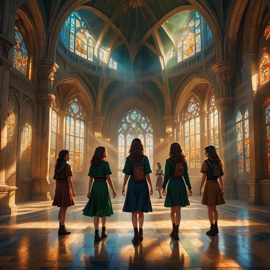 Mystical School Hallway with Four Girls: Fantasy Concept Art
