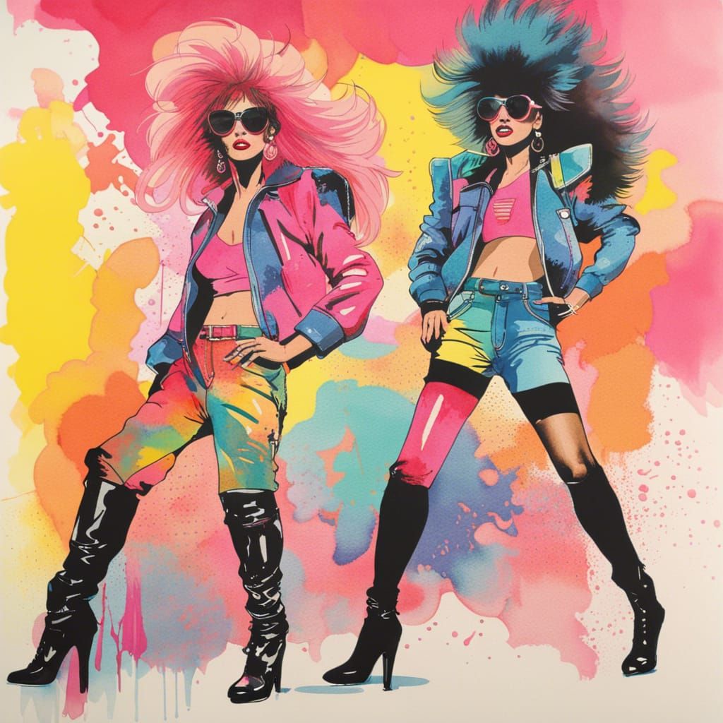 80's Fashion Show in Detailed Watercolor Style