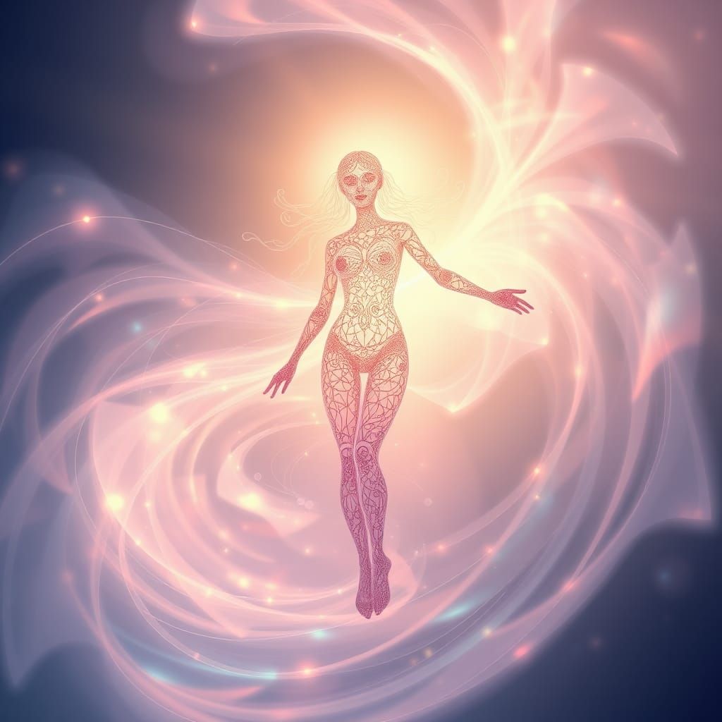 Ethereal Human Form in Iridescent Fractal Waves