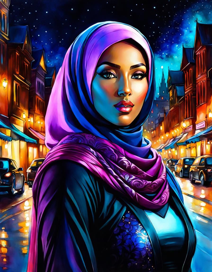Glowing Hijabi Fighter in City, Alcohol Ink Style