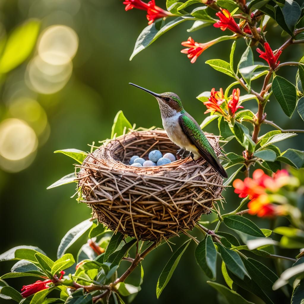 Hummingbird Nest with Eggs in Flower Hedge