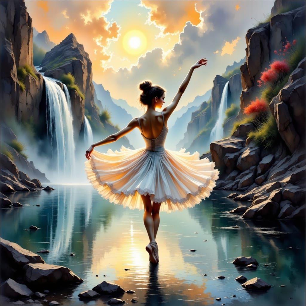 Ballerina Dancing in Surreal Landscape, Art Nouveau Style