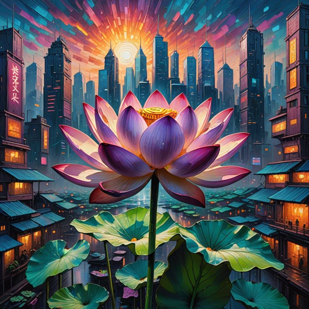 An enormous lotus rises from a cyberpunk city. Full shot. Ne...