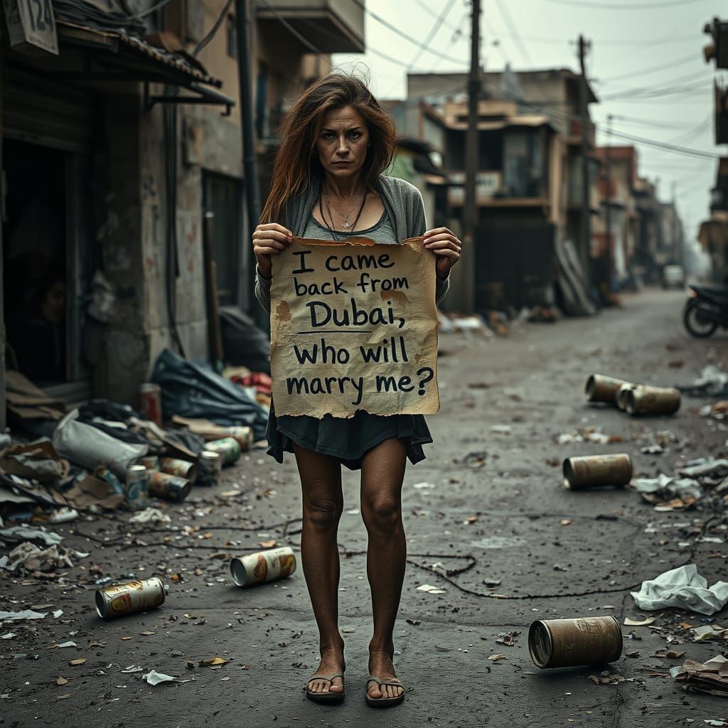Exhausted Woman on Dirty Street, Photorealistic Style