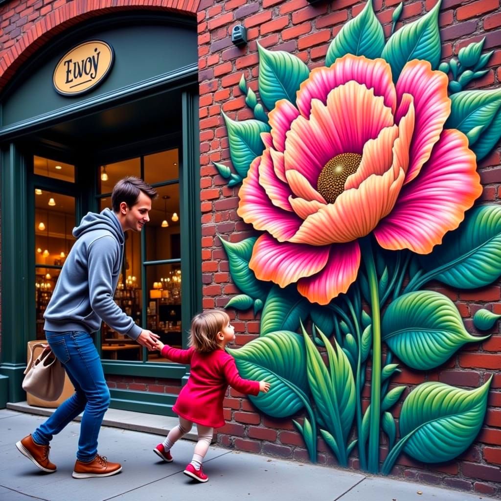 Child Mesmerized by Blooming Graffiti Mural in a Grungy Oil-...