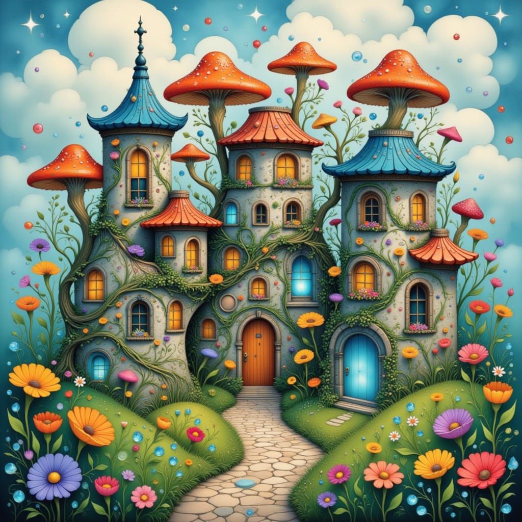 Whimsical Bonsai Village in Gouache Style