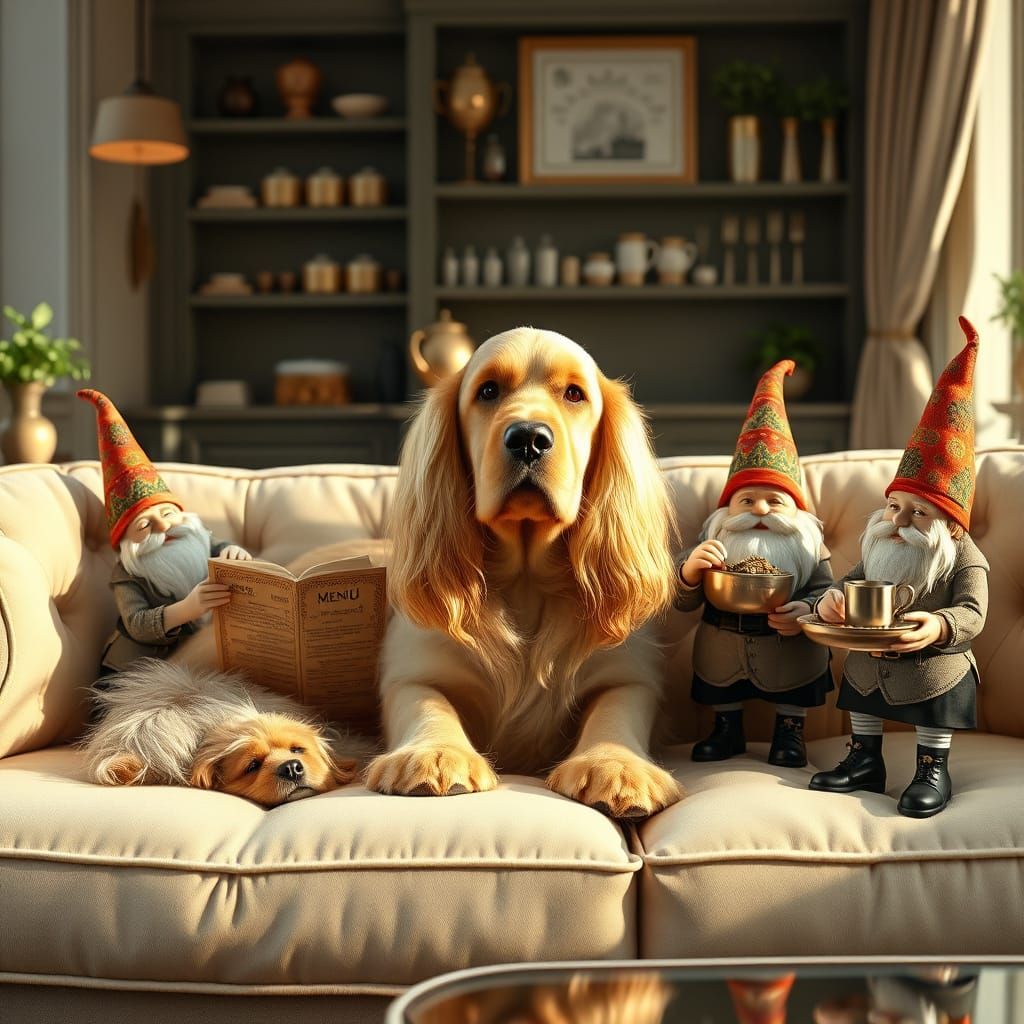 Cocker Spaniel Bistro with Gnomes: Hyper-Realistic Scene