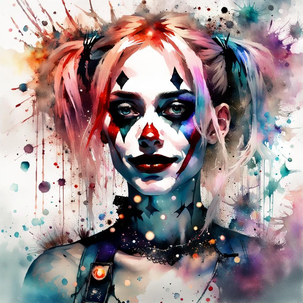 Harley Quinn in Digital Watercolor Cosmos