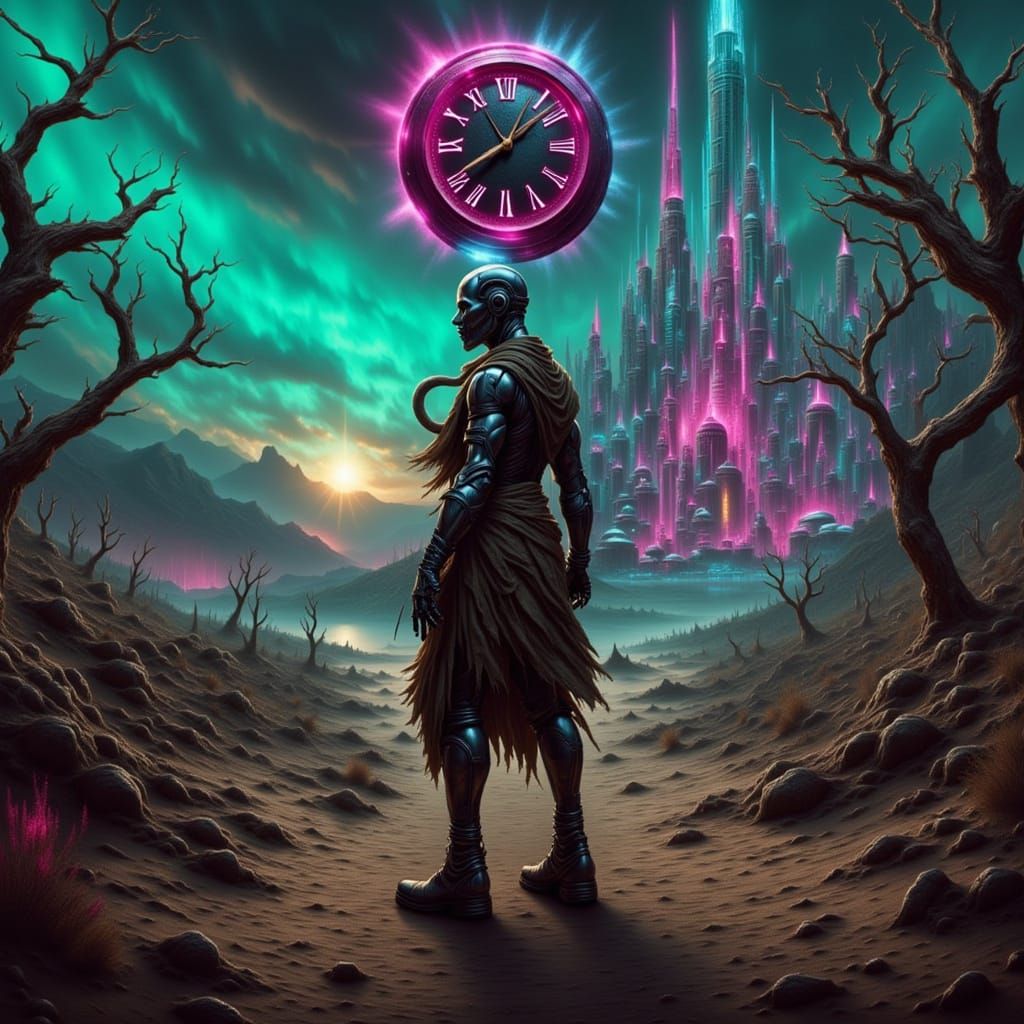 Juxtaposed Figure in Surreal Digital Landscape