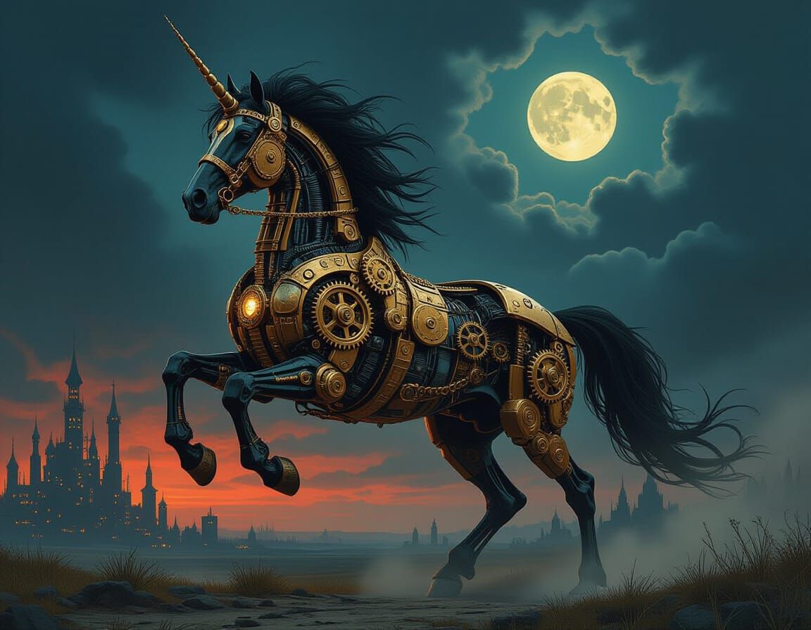 Majestic Steampunk Horse Rearing in Ominous Landscape