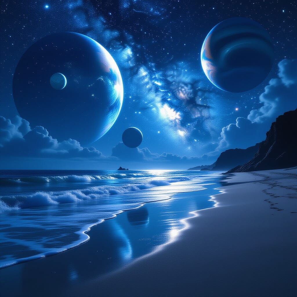 Alien Beach at Night with Colossal Planets