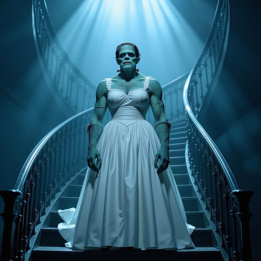 Frankenstein's Monster in Prom Dress on Staircase