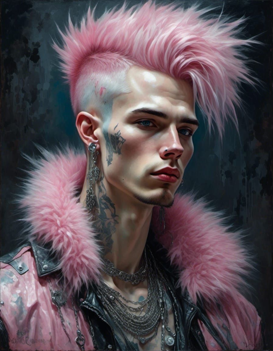 Pink Punk Man with Spiked Jewelry in Silver Light