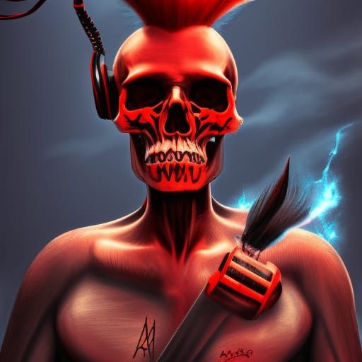 Skull with Mohawk and Headphones: Detailed Digital Art