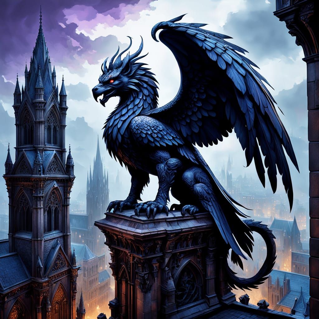 Onyx Griffin Overlooking Gothic City at Twilight