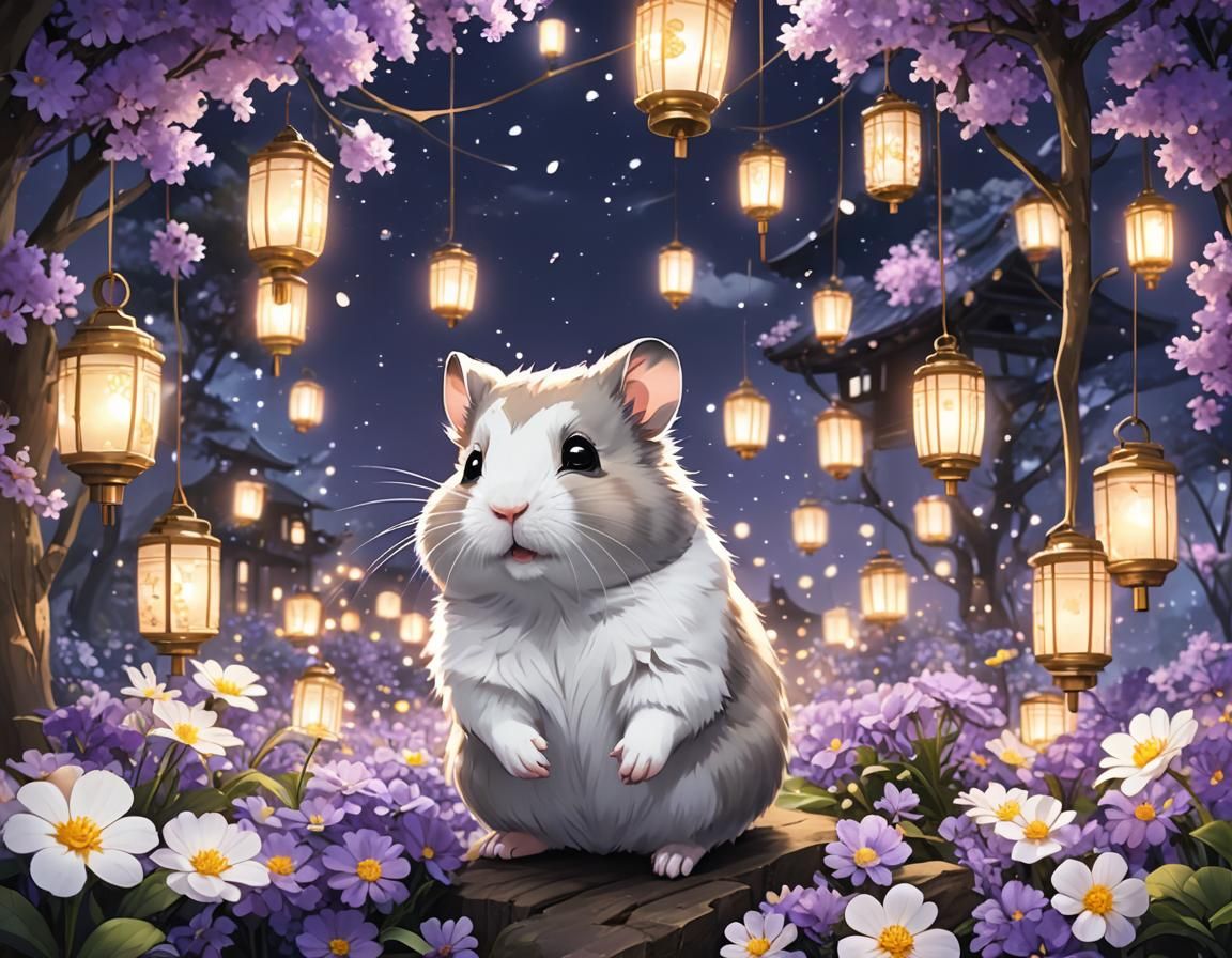 Hamster with Flowers and Lanterns in Anime Style