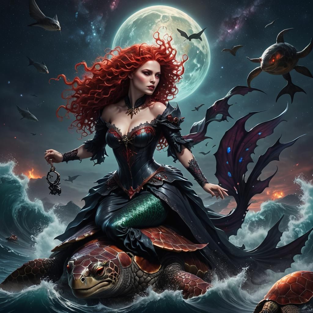 Ghostly Vampire Mermaid Rides Demonic Turtle