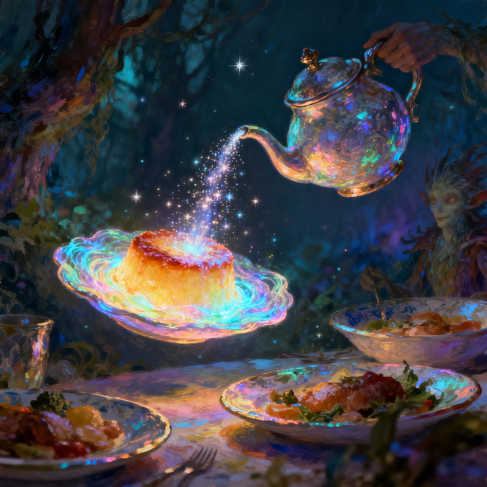 Magical Levitating Feast with Ethereal Light Dishes
