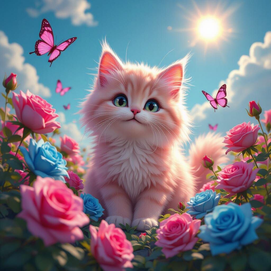 Fluffy Pink Cat Among Roses and Fairies
