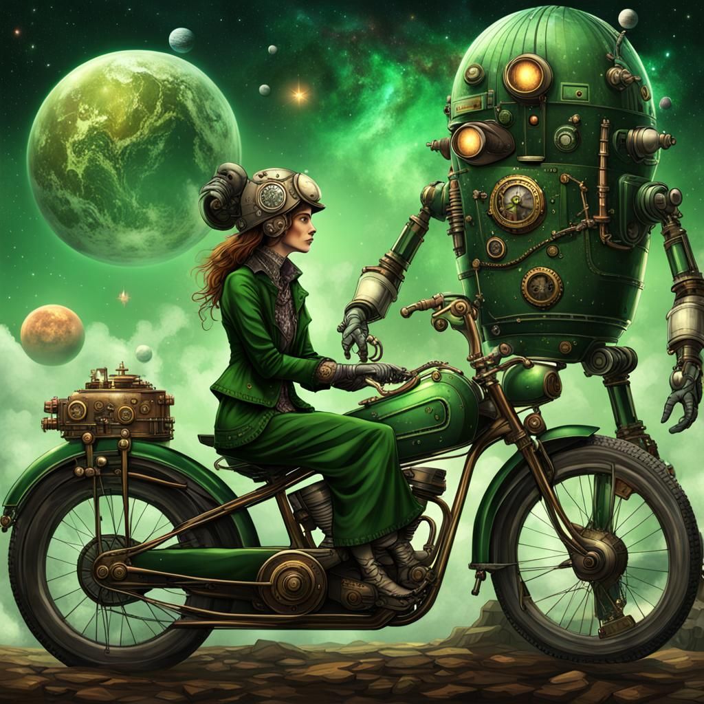 Robot Steampunk Rider in Space