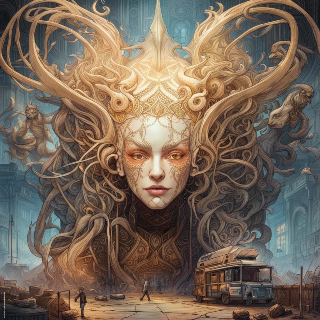 Surreal Lion Under Stormy Sky: Maximalist Art