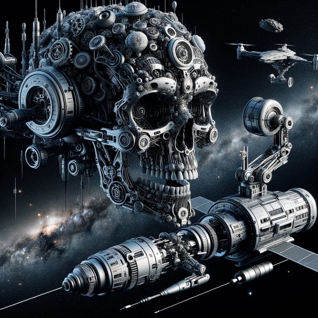 Mechanical Skull Drone Repairs Space Station