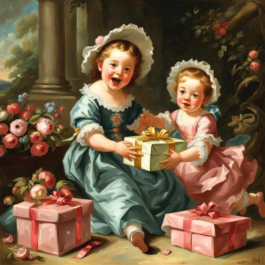 Girl Opening Birthday Gift in Rococo Style