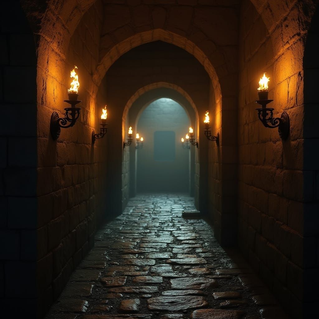 Dark Stone Hallway Illuminated by Flickering Torches