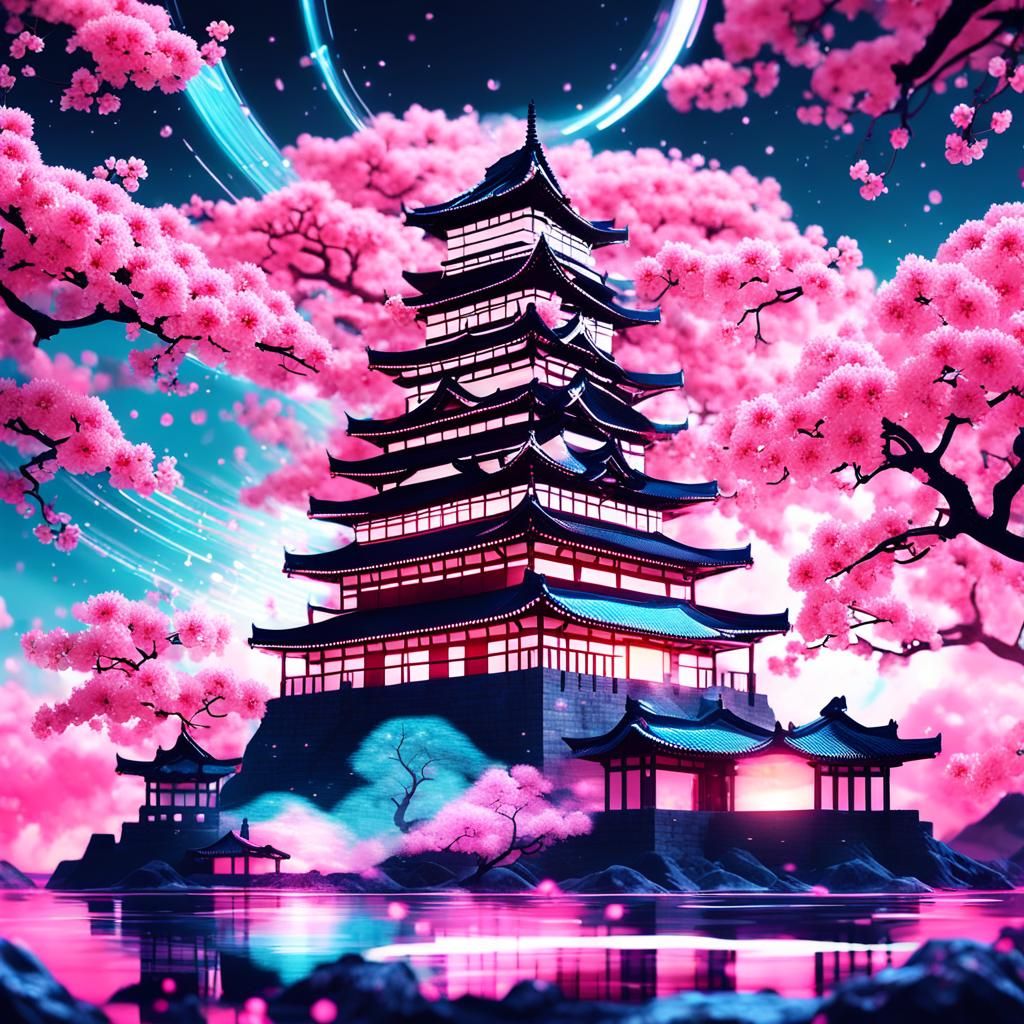 Japanese Castle with Cherry Blossoms in Double Exposure