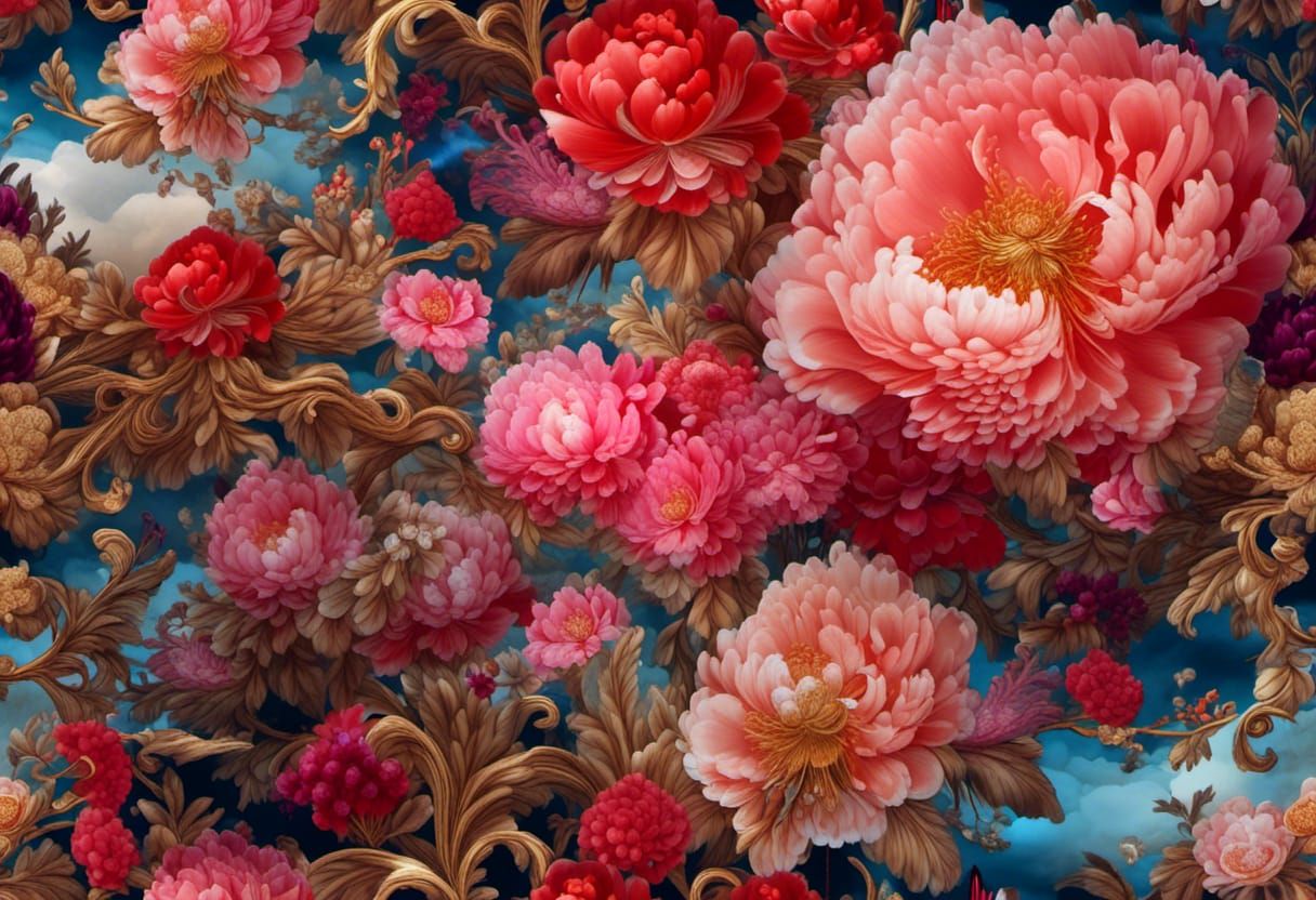 Silk Fabric with Peony and Atomic Cloud Design