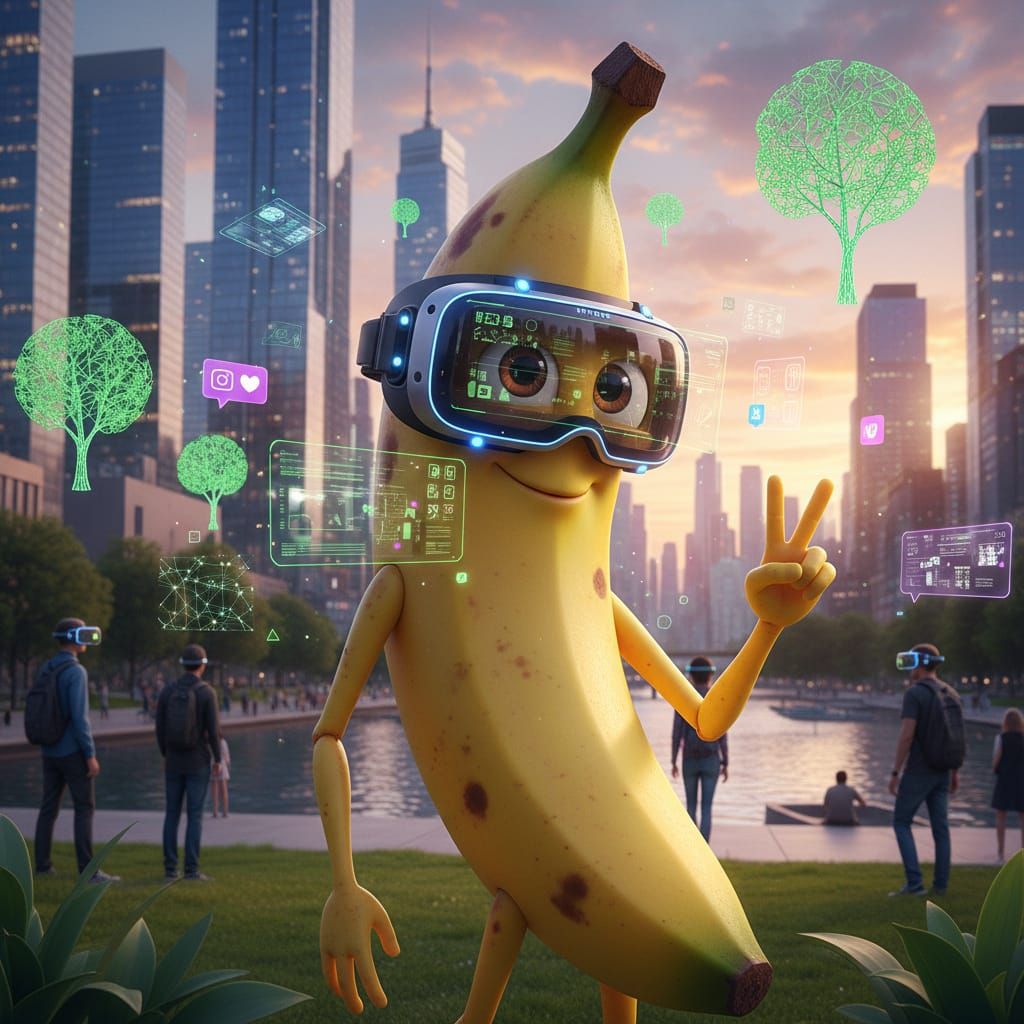 Banana character wearing augmented reality goggles.