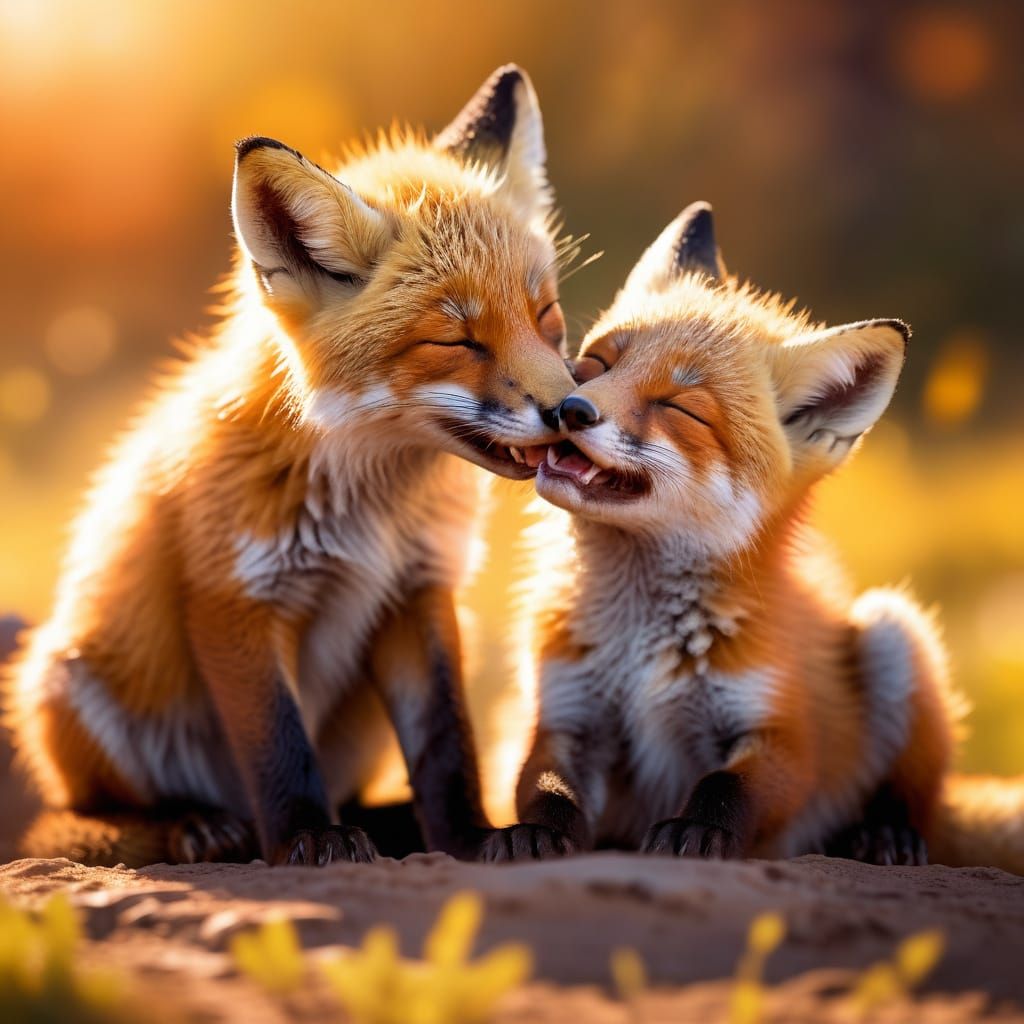 Fox Cubs Nursing in Golden Light: Hyperrealistic Art