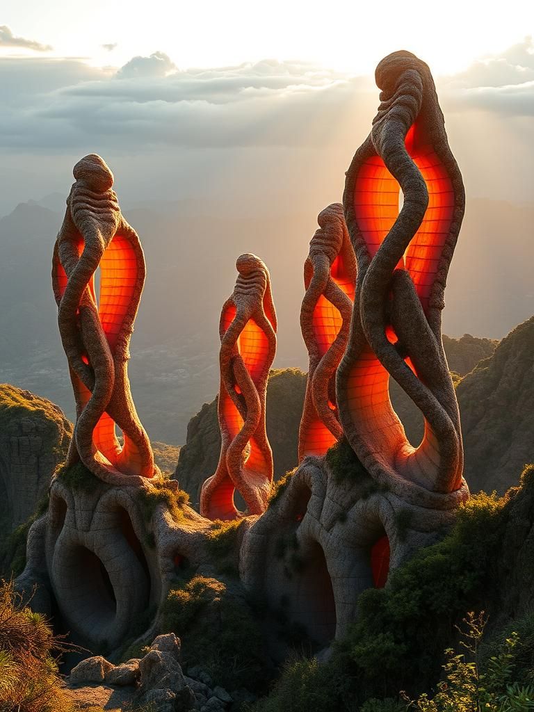 Biomorphic Towers Rise in Surreal Landscape