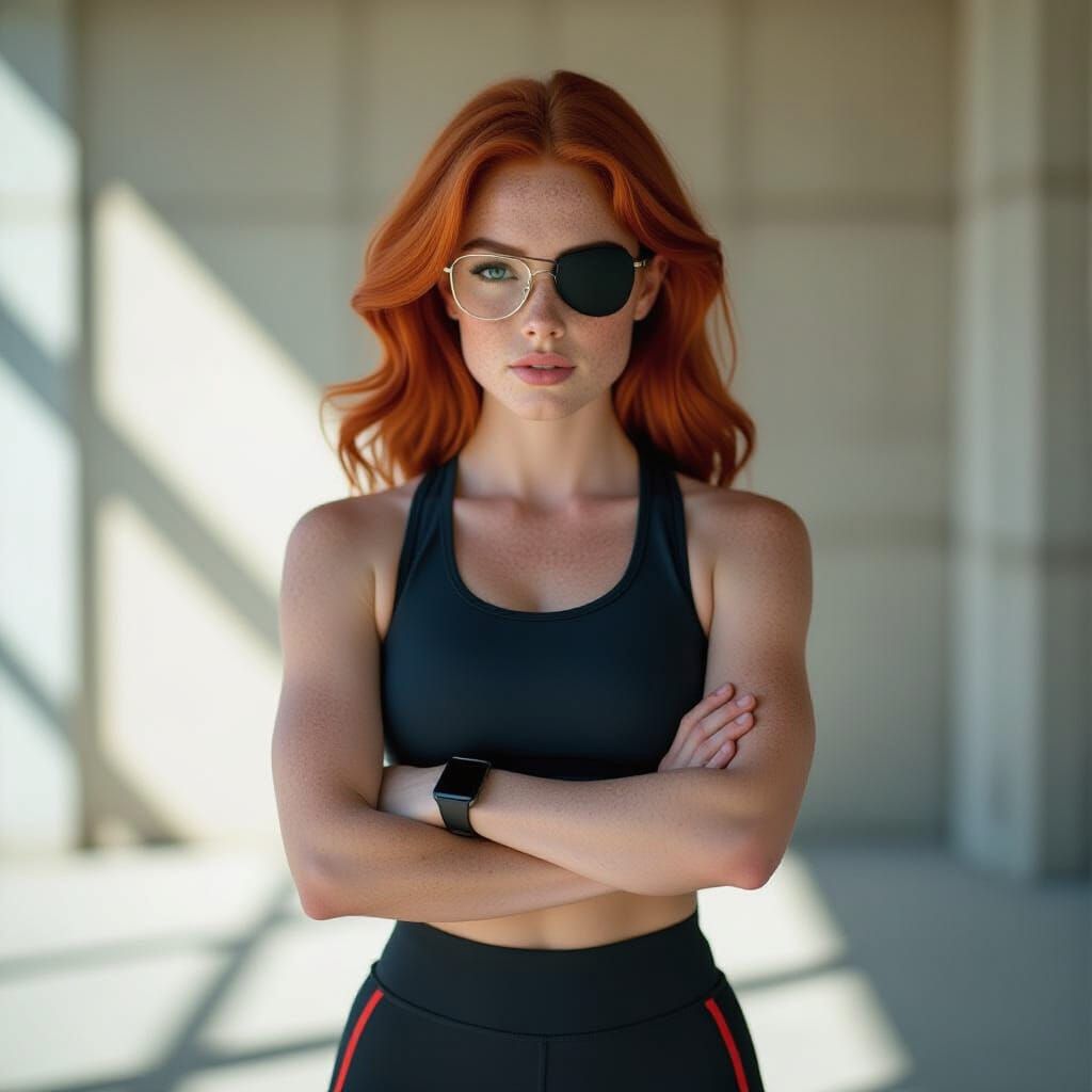 Redhead Girl in Sportswear with Eyepatch and Glasses