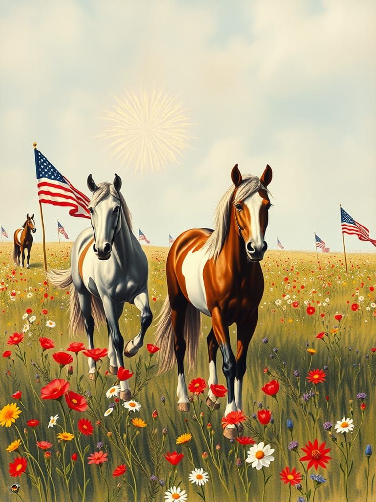 Patriotic Pinto Horses in Alcohol Ink Style