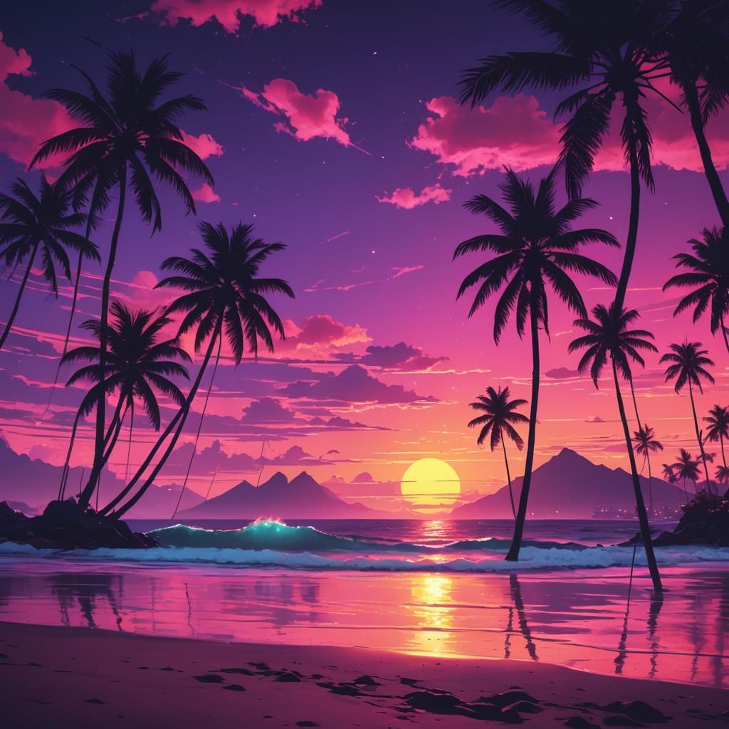 Synthwave Sunset at Tropical Beach in Neon Retro Style