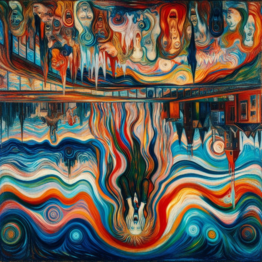Vibrant Upside Down Surreal Scene in Expressionist Style