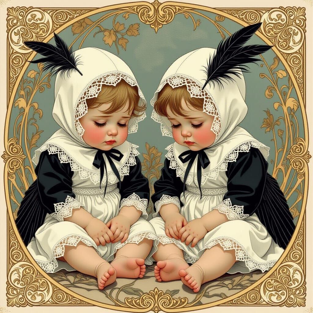 Surreal Toddlers in Bird Costumes, Art Nouveau Style