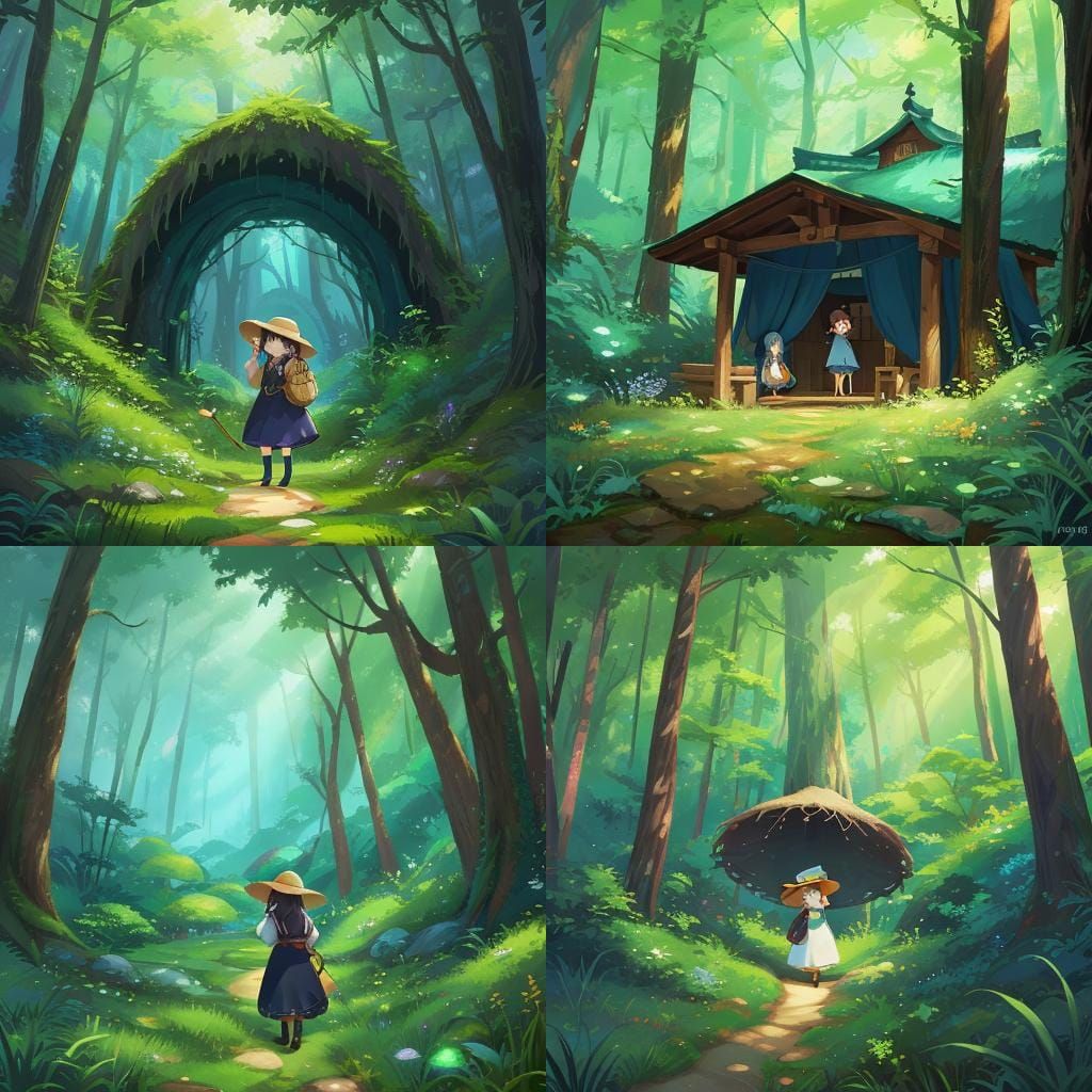 Ghibli Style Girl in Forest: Matte Painting