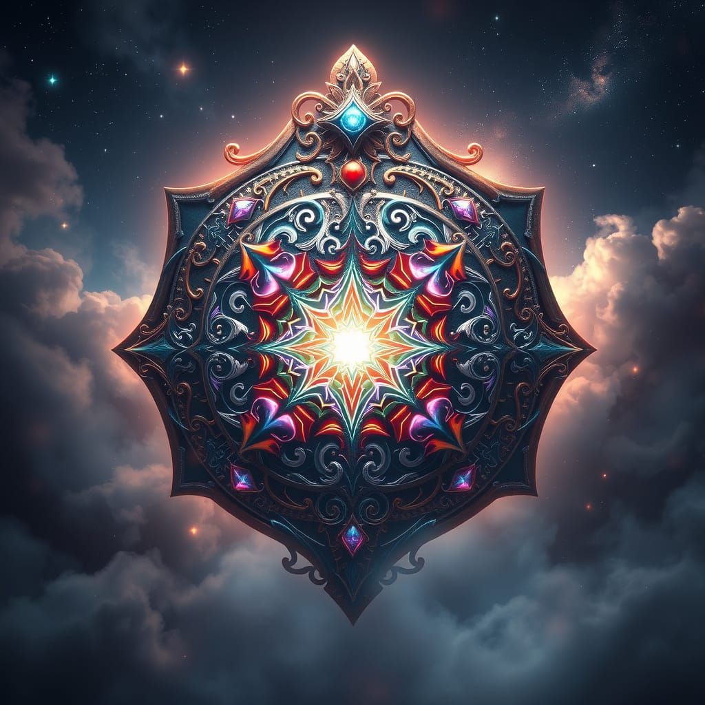 A fantasy shield glowing with magical symbols in a mystical ...