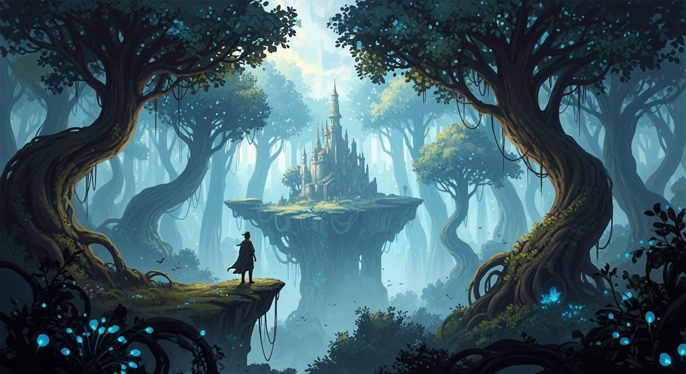 Man on Cliff Overlooking Enchanted Forest with Hidden Castle