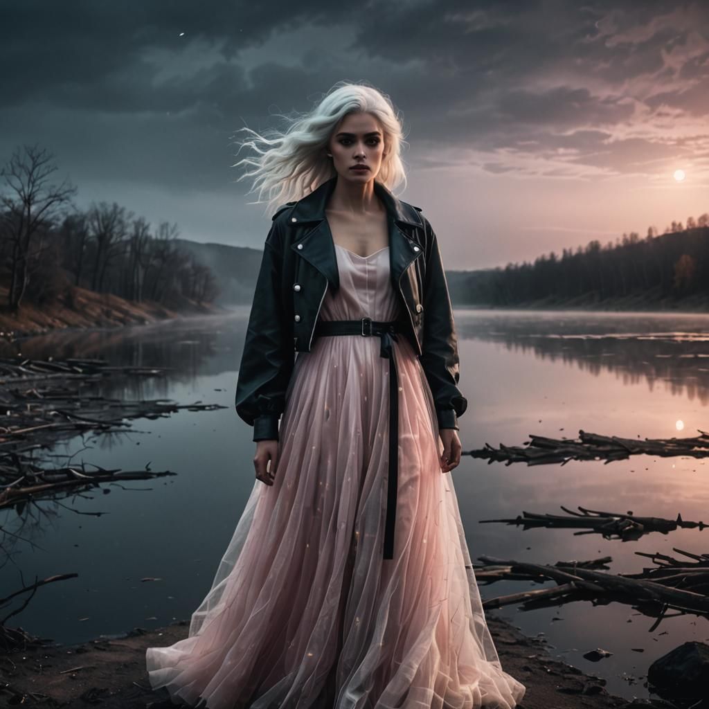 Eerie Time Traveler with Candle in Abandoned Landscape