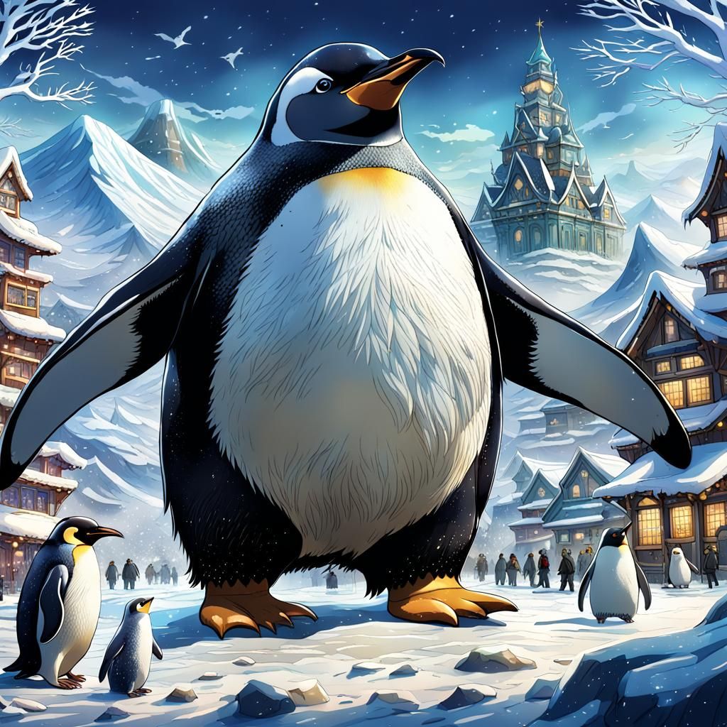 Gigantic Penguin Towers Over Winter Wonderland in Anime Styl...