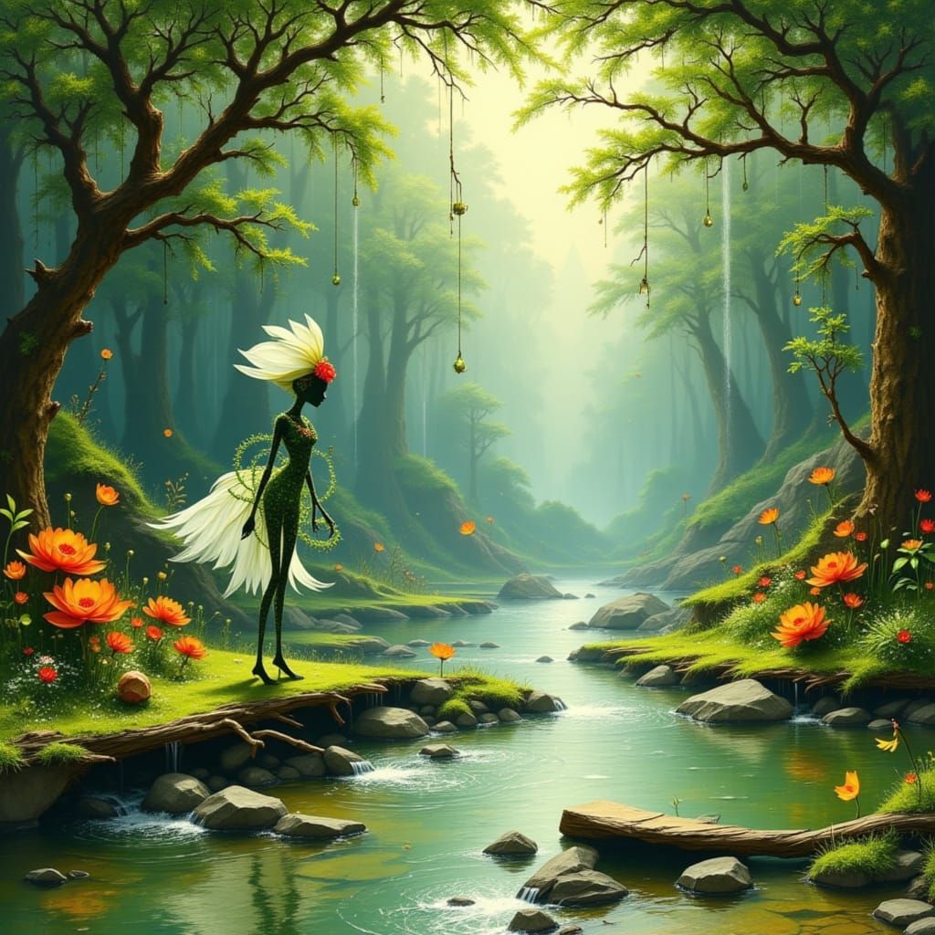 Ethereal Floral Beings Dance in Whimsical Forest Glade