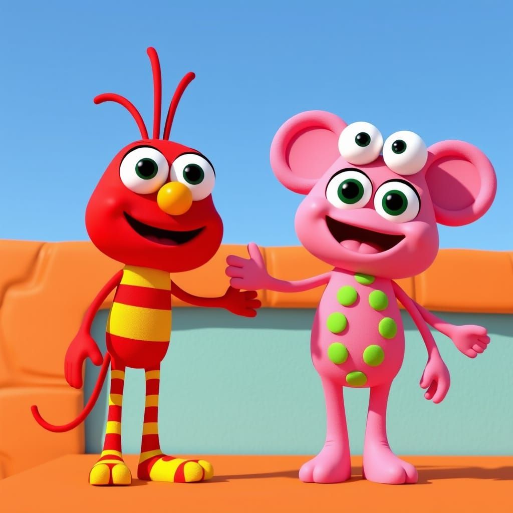 Vibrant Cartoon Duo Leans Against an Orange Wall