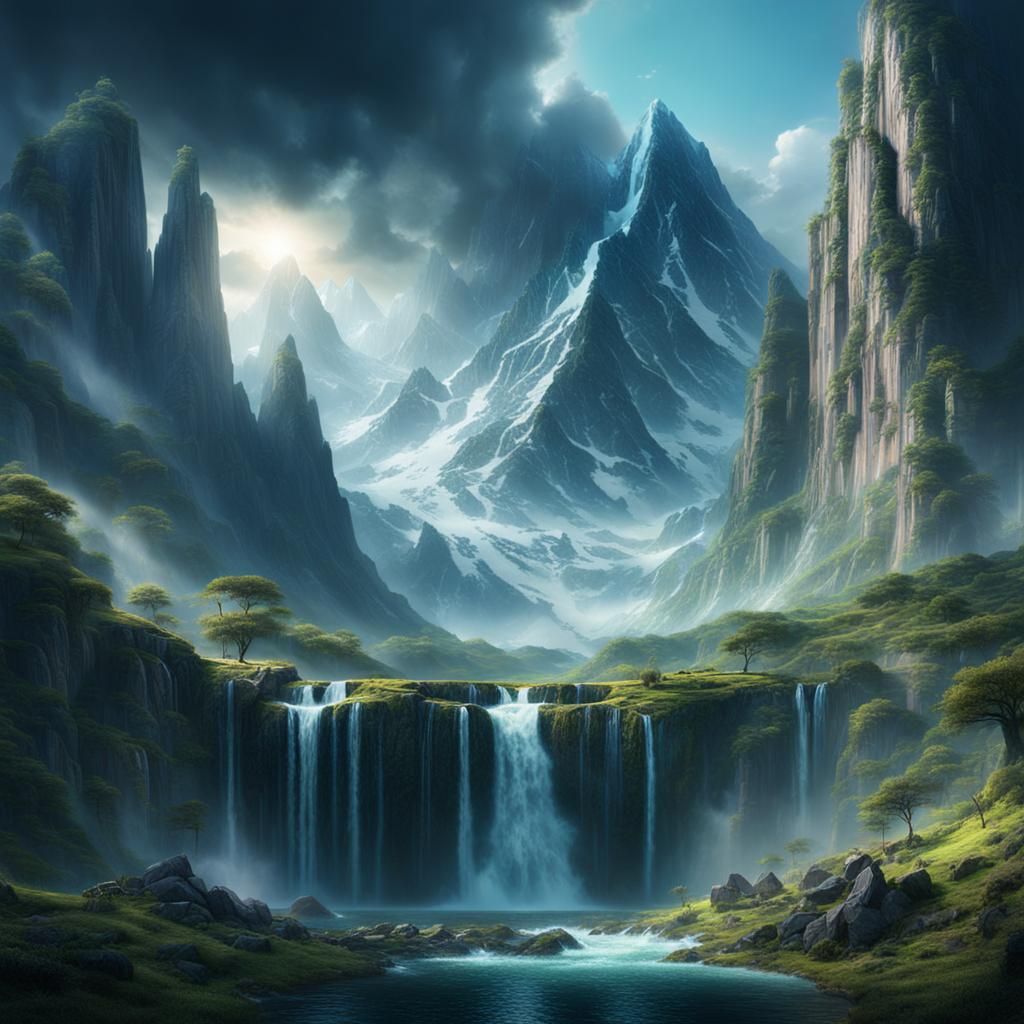Epic Waterfall and Mountain Digital Matte Painting