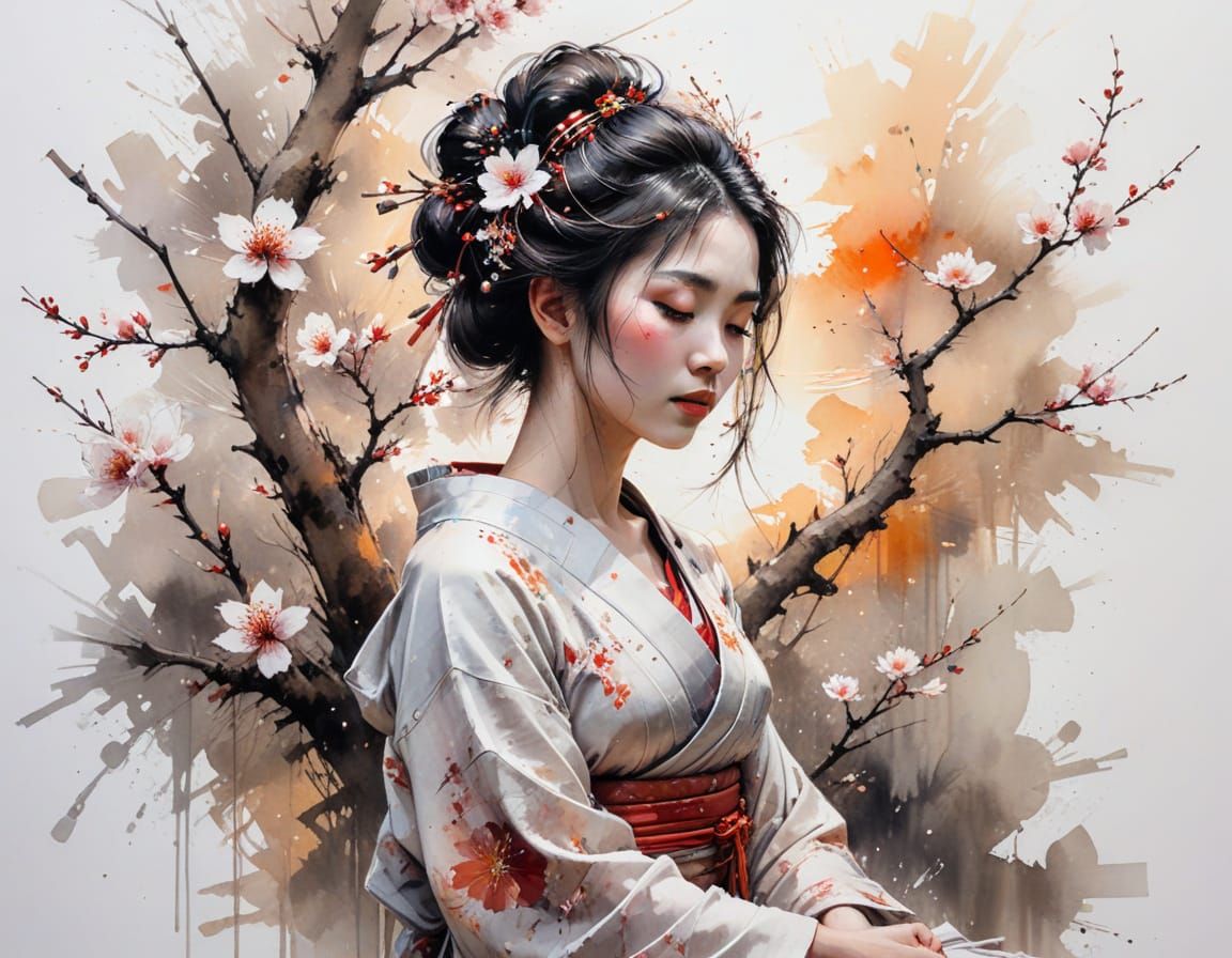 Meditating Geisha Under Sunset Blossom Tree in Watercolour S...