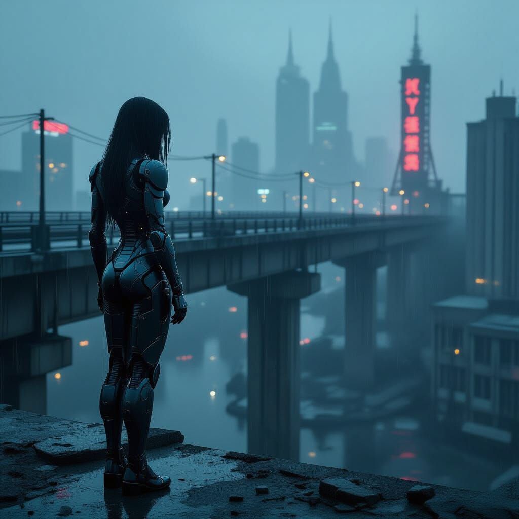 Female Cyborg Overlooks Smoggy, Decaying Cityscape