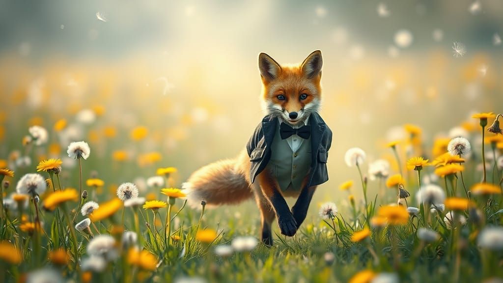 Fox in Dandelion Field with Ethereal Haze
