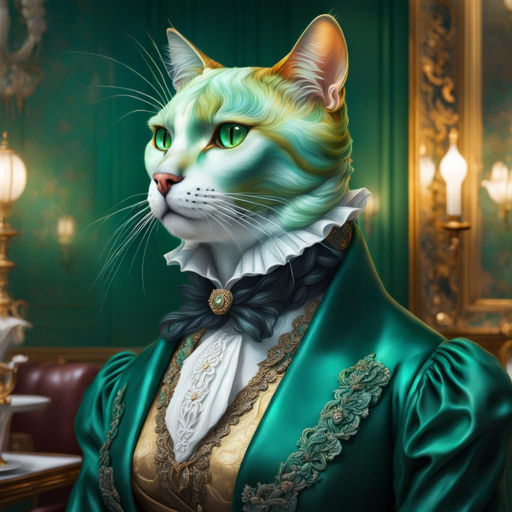Victorian Cat-Lady Hybrid in Jade Green: Hyperrealistic Art